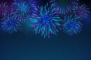 Fototapeta na wymiar Colorful fireworks on a dark blue background. Beautiful festive sky for bright design. Bright fireworks in the night sky with stars. Vector illustration