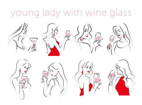 Vector Set Of Hand Drawn Young Beautiful Lady Portraits Holding Wine Glass Isolated On White Background. Hand Drawn Sketch Minimal Style. Concept For Ladies Night Party, Bar, Happy Cocktail Hour.