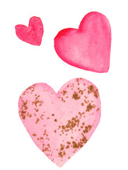 three hearts of hand-drawing watercolor with stains. Isolated objects perfect for Valentine's day card or romantic post cards