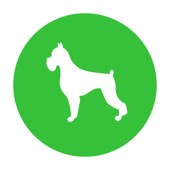 Dog friendly sign. White silhouette of dog on green circle. Vector. Breed boxer