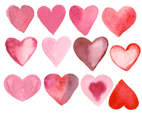 Set of watercolor hearts with various watercolor effects. Ideal for prints and cards