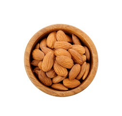 Almond. Nuts in wooden cup isolated on white background