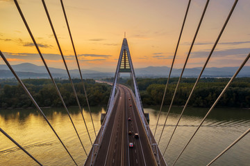 Megyeri bridge Budapest in sunset. 