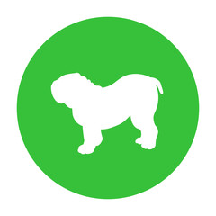 Naklejka premium Dog friendly sign. White silhouette of dog on green circle. Vector. Breed bulldog.