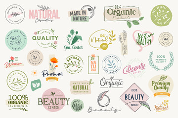 Set of signs and elements for beauty, natural and organic products, cosmetics, spa and wellness. Vector illustrations for graphic and web design, marketing material, product promotions, packaging desi