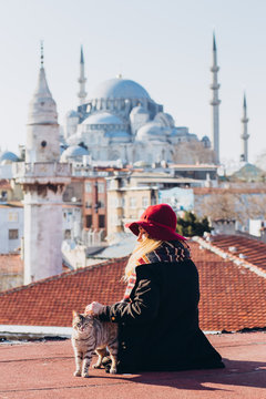 Blond woman stroking a cat on the roof with a view to the mosque, Istanbul, Turkey. Girl in a hat sits on the roof in Istanbul, sunny autumn day. Traveler girl walks through winter Istanbul.