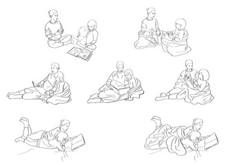 Mother and child wrapped in blanket read a book or drink cocoa. Set of family home scene. Cozy Scandinavian lifestyle. Mom and kid in warm socks, sweater. Black lines drawing. Hand drawn style.