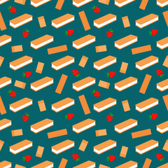 Wafers and strawberry seamless pattern. Sweet dessert texture, vectoe illustration