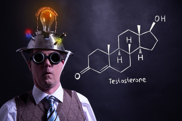 Nerd presenting handdrawn chemical formula of testosterone