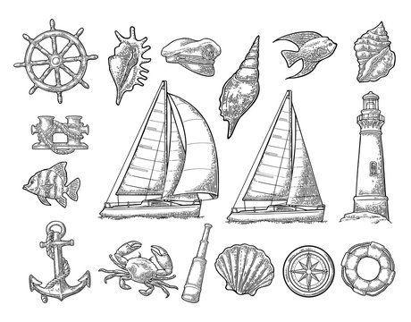 Anchor, wheel, sailing ship, compass rose, spyglass, lighthouse engraving