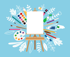 Easel for painting workshop. Paint artists workspace concept, vector painter worker artistic design studio canvas and picture image materials, painting background