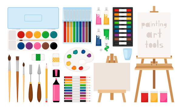 Painter art tools. Paint arts tool kit vector illustration, vector watercolor painting design artists supplies, easel and palette, painting brush and draw materials