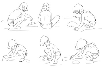 Set of children play with sand. Silhouettes of kids in shorts and baseball caps in different poses. Black isolated contour. Hand drawn style. Vector outline. Graphic element.
