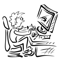 a car on a computer screen and a man with a keyboard