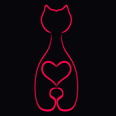 silhouette of a cat with a heart on a black background