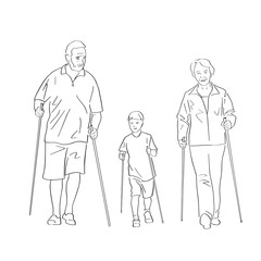 Nordic or scandinavian walking. Elderly man and woman with grandchild. Safe fitness for family and old people. Black isolated contour of grandparents and grandson. Hand drawn style.