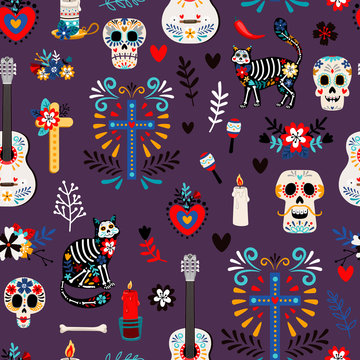 Seamless deadpattern. Halloween fashion print or mexican day of the dead stylish pattern, cute death holiday events decoration vector background