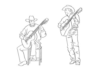 Two country musicians play guitar. Male silhouette in cowboy hat and in jeans. Black isolated contour. Hand drawn style. Vector outline. Graphic element.
