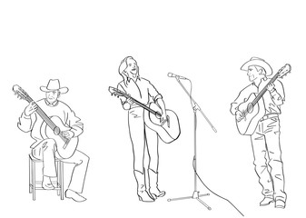 Naklejka premium Group of country musicians play guitar. Male and female silhouettes in cowboy hats and in jeans. Black isolated contour. Hand drawn style. Vector outline. Graphic element.