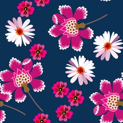 Seamless floral pattern with chamomile  and fantasy flowers on dark blue background. Fashionable print for fabric in retro style.