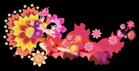 International Dance Day. Dancing couple, decorated fantasy flowers and paisley, isolated on black background. Carnival.