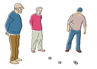 Old men play petanque. Black isolated contour and colors. Hand drawn style. Vector element. Colorful fun flat illustration.