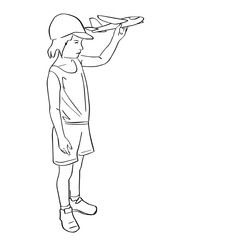Child in summer overalls and baseball cap holds toy plane. Black isolated contour. Hand drawn style. Vector outline. Graphic element.