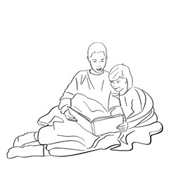 Fototapeta na wymiar Mother and child wrapped in blanket read a book. Family home scene. Cozy Scandinavian lifestyle. Female and kid silhouette in warm socks, sweater. Black lines drawing. Hand drawn style.