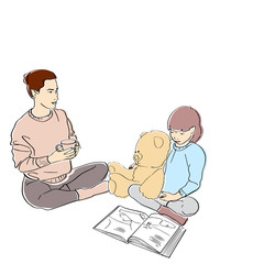 Mother and child read a book. Family home scene. Cozy lifestyle. Mom and kid in warm socks, sweater with book, teddy bear and cup of coffee. Hand drawn style. Colorful flat vector illustration.