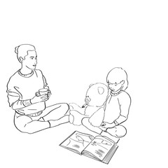 Mother and child read a book. Family home scene. Cozy lifestyle. Female and kid silhouette in warm socks, sweater with book, teddy bear and cup of coffee. Black lines drawing. Hand drawn style.
