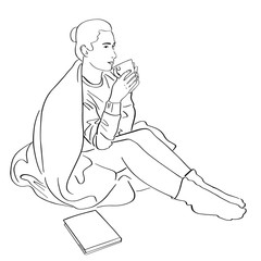 Young woman wrapped in blanket drinks coffee. Lagom and hugge concept. Cozy scandinavian lifestyle scene. Female silhouette in warm socks, sweater with cup of tea and book. Black lines drawing.