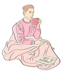Young woman wrapped in blanket reads book. Lagom and hugge concept. Cozy scandinavian lifestyle scene. Girl in warm sweater with cup of coffee. Hand drawn style. Isolated black contour and colors.