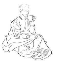 Young woman wrapped in blanket reads book. Lagom and hugge concept. Cozy scandinavian lifestyle scene. Female silhouette in warm sweater with cup of coffee. Black lines drawing. Hand drawn style.