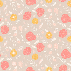 Floral vector seamless pattern with  flowers and leaves. Beautiful hand drawn flowers in  light pastel colors in vintage style.