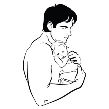 Man With A Child. Logo Of The Young Father With The Baby In His Hands. A Black White Illustration Of A Father Hugging His Baby. Logo Family. Tattoo.