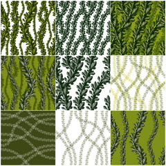 Floral seamless patterns set with leaves and branches, vector green fabric backgrounds collection. Tangled stems, garden and forest nature life theme.