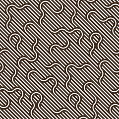 Seamless linear vector geometric minimalistic pattern, abstract lines tiling background, stripy weaving, optical maze, twisted stripes.