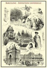 1888 Barcelona Universal Exposition poster, for the International World's Fair an advertisig page of the city beauties: architecture, parks and the attractive Spanish girls