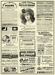 Commercial magazine advertising page in French with many promotion banners and vignettes dated 1888