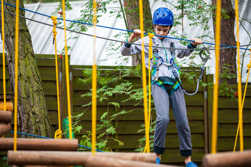 Young boy climbing pass obstacles in rope. Child in forest adventure park.