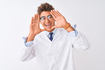 Young handsome sciencist man wearing glasses and coat over isolated white background Smiling cheerful playing peek a boo with hands showing face. Surprised and exited
