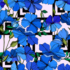 Vector Flax floral botanical flowers. Blue and green engraved ink art. Seamless background pattern.