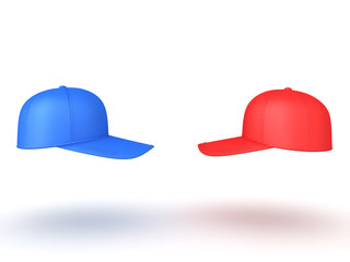 3D Rendering of two baseball caps, one red and another blue