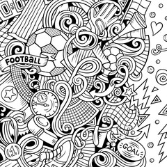 Cartoon doodles Soccer frame. Line art, with lots of objects background