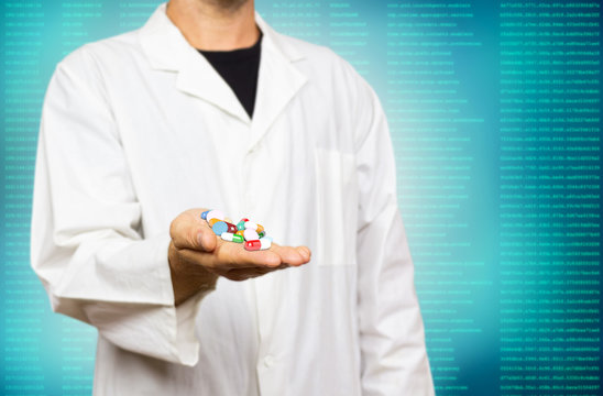 Young doctor giving pills, capsules and medics on a modern blue virtual screen interface background 3d rendering. Medicine, health care, overmedication and disease healing concept.