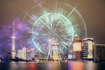 Double exposure of business theme hologram drawing and city veiw background. Concept of success.