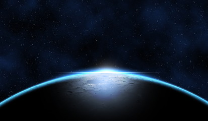 Giant blue planet against starry cosmos sky, fantasy image based on amateur moon astrophotography