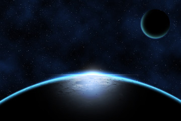 Giant blue planet against starry cosmos sky, fantasy image based on amateur moon astrophotography