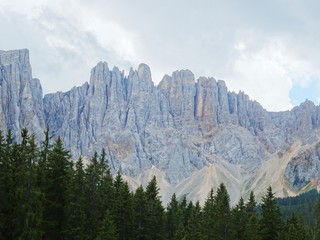The Latemar Massif, one of the most spectacular peaks of the Dolomites seen from the woods of Trentino, near the village of Carezza, Italy - August 2019.