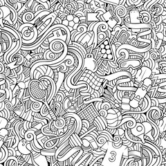 Sports hand drawn doodles seamless pattern. Line art background
